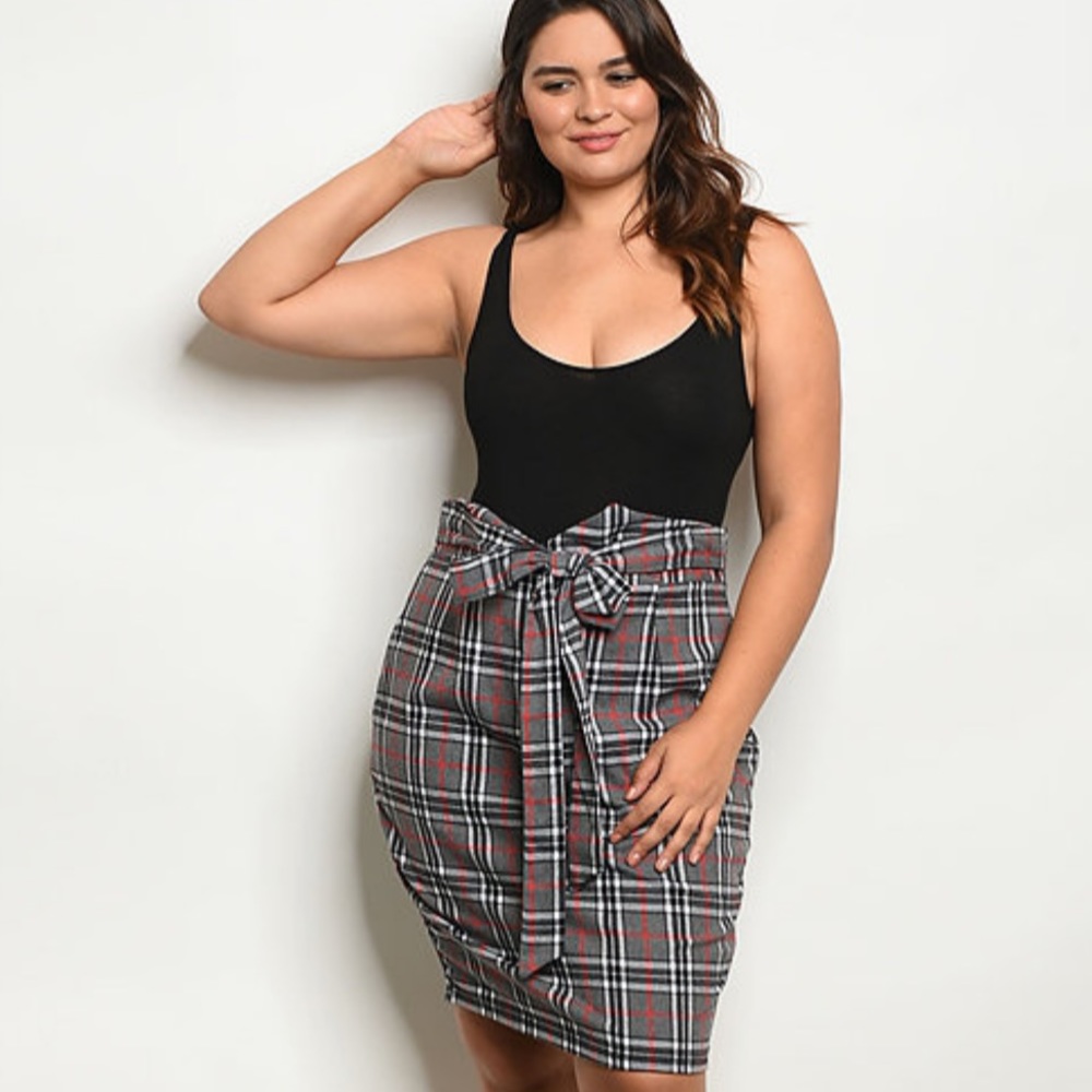 Plus Size Checkered Plaid Fitted Midi